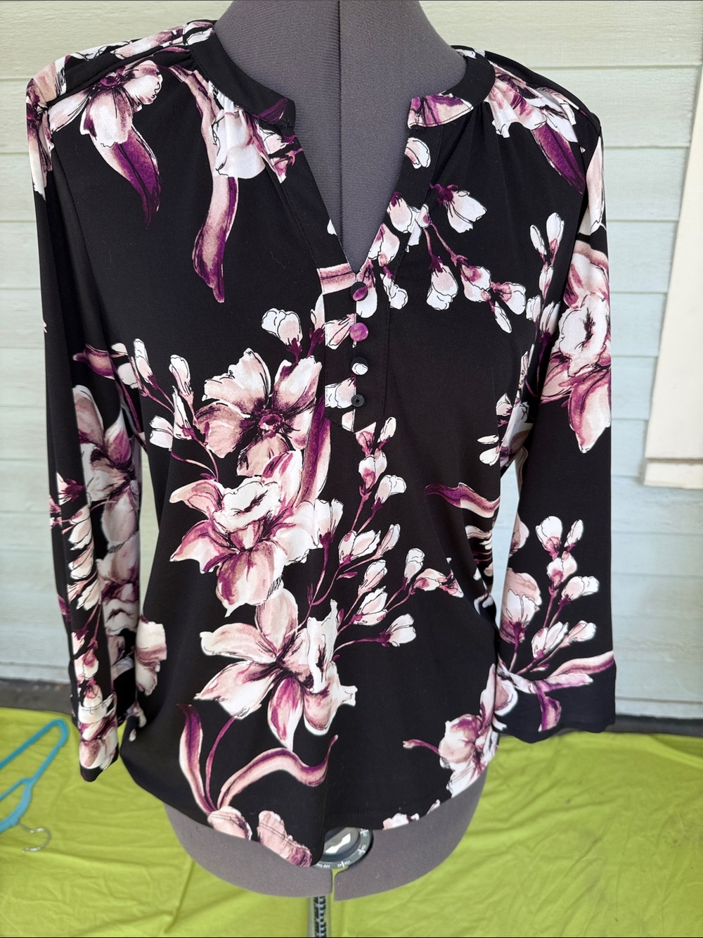 Karl Lagerfeld Black Floral Henley Blouse with Pink and White Blooms